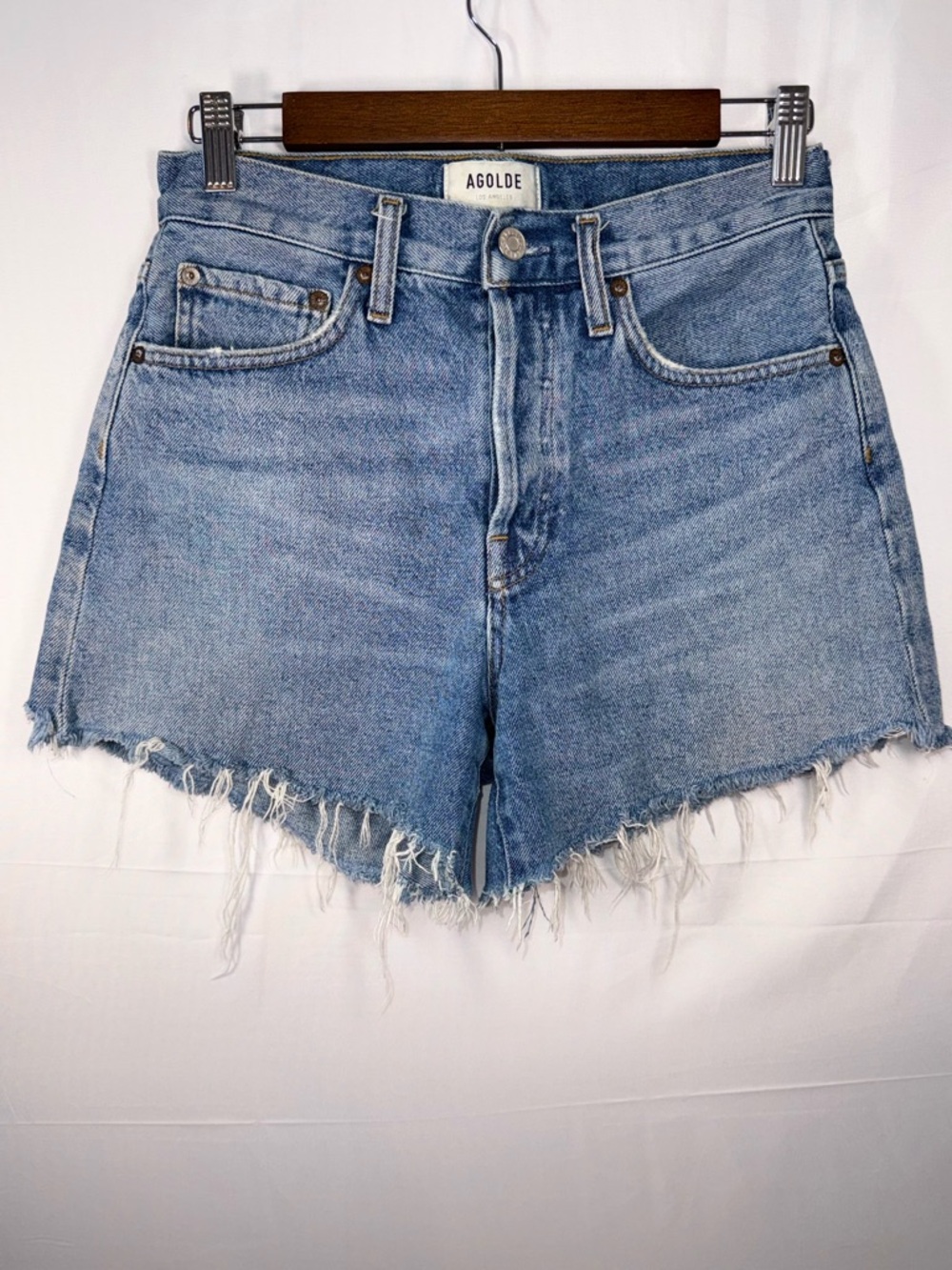 Agolde Women Medium Wash High-Rise Frayed Hem Blue Denim Shorts Size 25